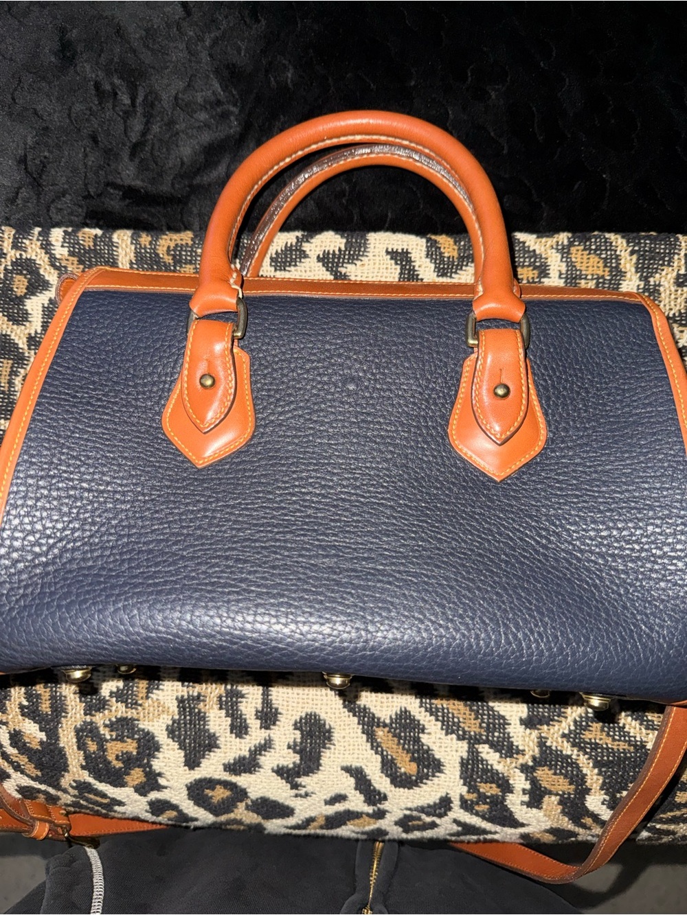 Dooney & Bourke Navy Pebbled Leather Satchel with Tan Trim and Gold Hardware - Picture 2 of 4